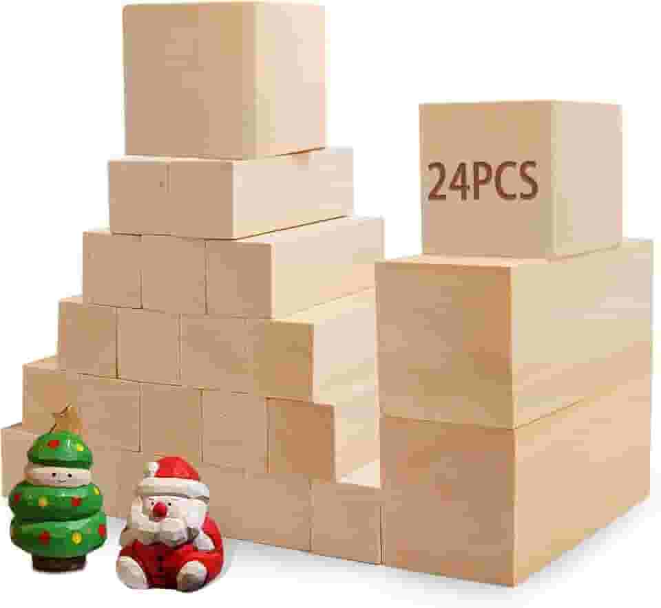 Blocos de entalhe de tília para artesanato, Cymuber 24 peças kit de blocos de madeira com 3 tamanhos, blocos de entalhe em madeira, kit de artesanato para crianças e adultos