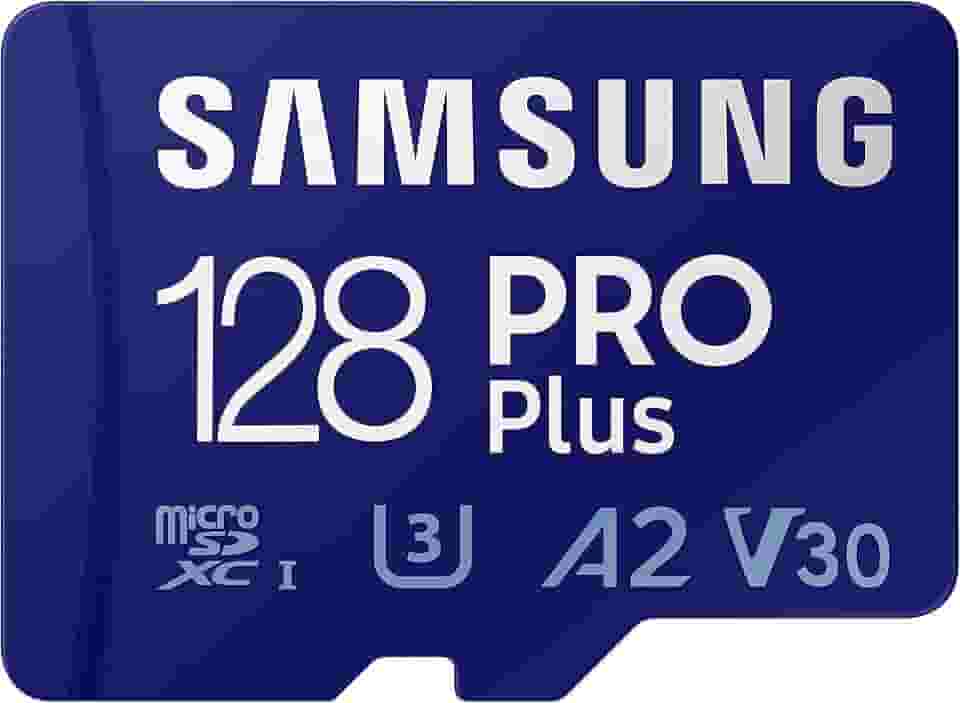 SAMSUNG PRO Plus + adaptador 128 GB microSDXC até 160 MB/s UHS-I, U3, A2, V30, cartão de memória Full HD e 4K UHD para smartphones Android, tablets, Go Pro e drone DJI (MB-MD128KA/AM)