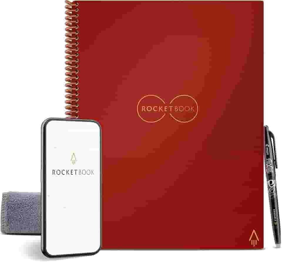 Rocketbook Caderno reutilizável inteligente – Caderno ecológico Dot-Grid com 1 caneta Pilot Frixion e 1 pano de microfibra incluído, tamanho carta (21,5 x 28 cm), Vermelho escarlate,