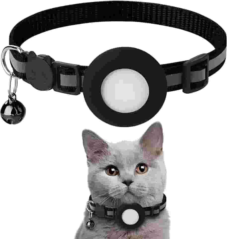 Refletivo para coleira AirTag, coleira e sino de rastreador integrados, coleiras de GPS para gatos com faixa elástica de segurança para gatinhos e filhotes, preta