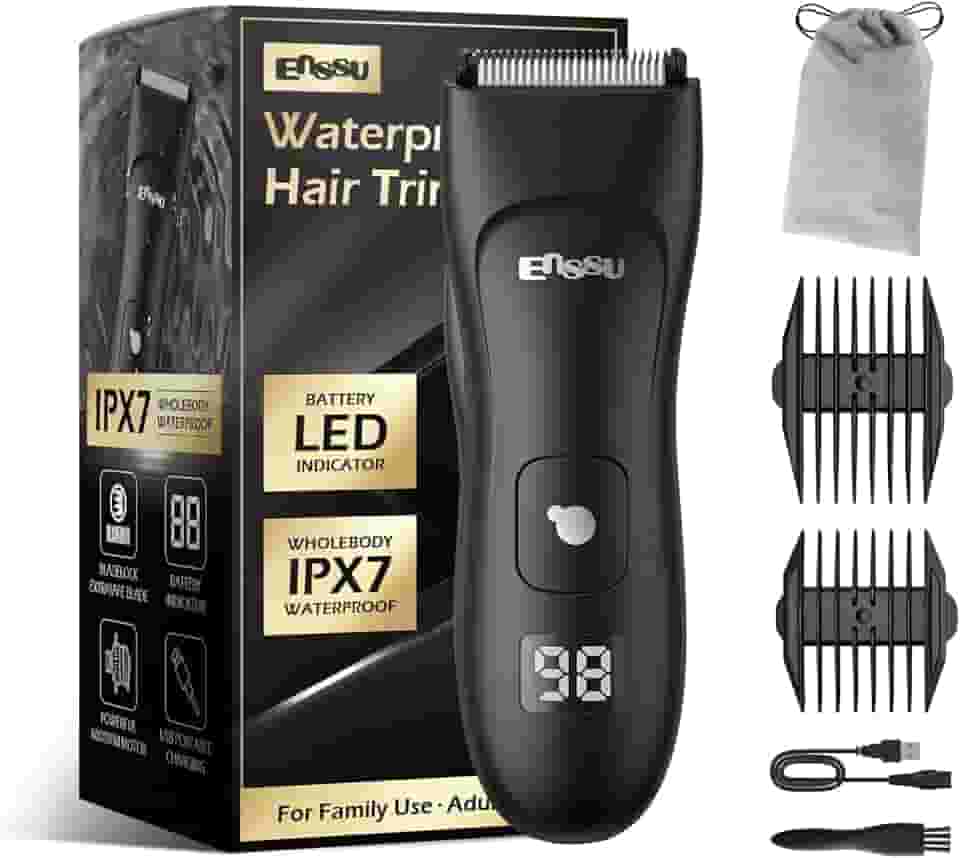 ENSSU - Aparador Elétrico para Homens, com Lâmina de Cerâmica, À Prova d'Água, Recarregável (Lítio), Preto, para Barba, Peito, Virilha e Púbicos