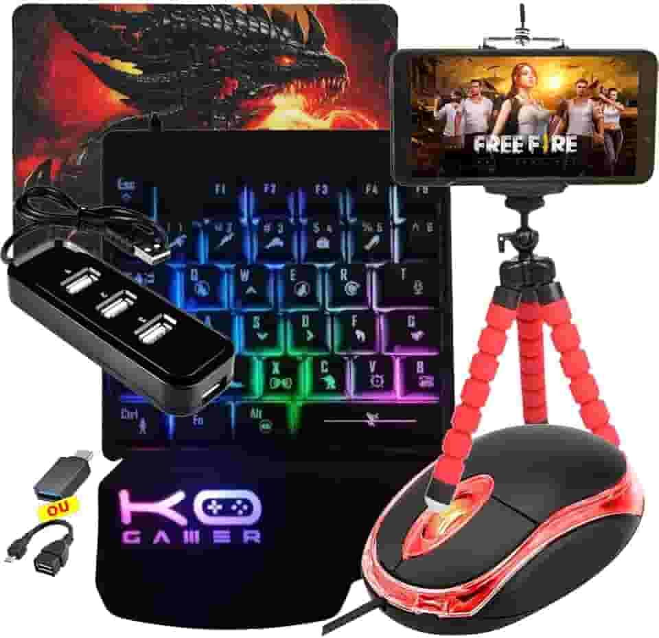 Kit Mobilador Gamer Para Celular Teclado One Hand RGB + Mouse Óptico + Pad Speed Estamapdo (MICRO USB V8)