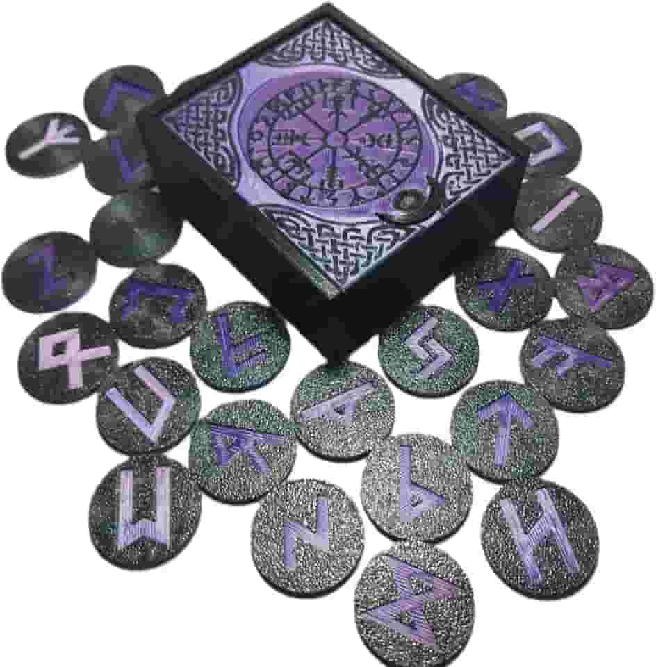 Caixa de Runas Nordicas Preta, 25 Peças com Símbolos Roxos, Conjunto de Runas Místicas Viking para Adivinhação