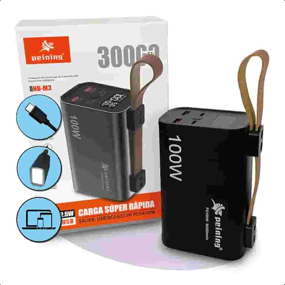 Power Bank 30000 mAh PD 100W Carregador Turbo Ultra Rápido Premium - Carregue notebook Smartphones Antena mini Starlink - Display - Luz LED - Multiplas portas: Entrada/Saída: 2 USB-C + Saída: 2 USB-A