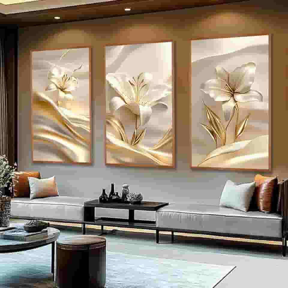 Kit com 3 Quadros Decorativos 30x50 cm Floral Vibrante Contemporâneo com Moldura Retangular com 2cm de largura Natural, na posição Vertical, ideal para ambiente de Sala, Quarto e Hall. Tamanho dos quadros montado na parede 50x94cm.