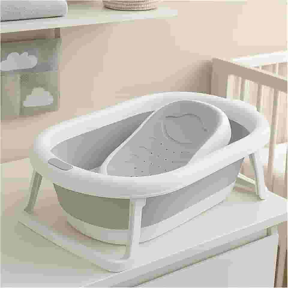 PIPDIP Kit Banheira Dobrável para Bebê, Modelo 2 em 1, Com Encosto, Capacidade de até 44 Litros, Portátil, Plástico e Borracha, Branco e Cinza.