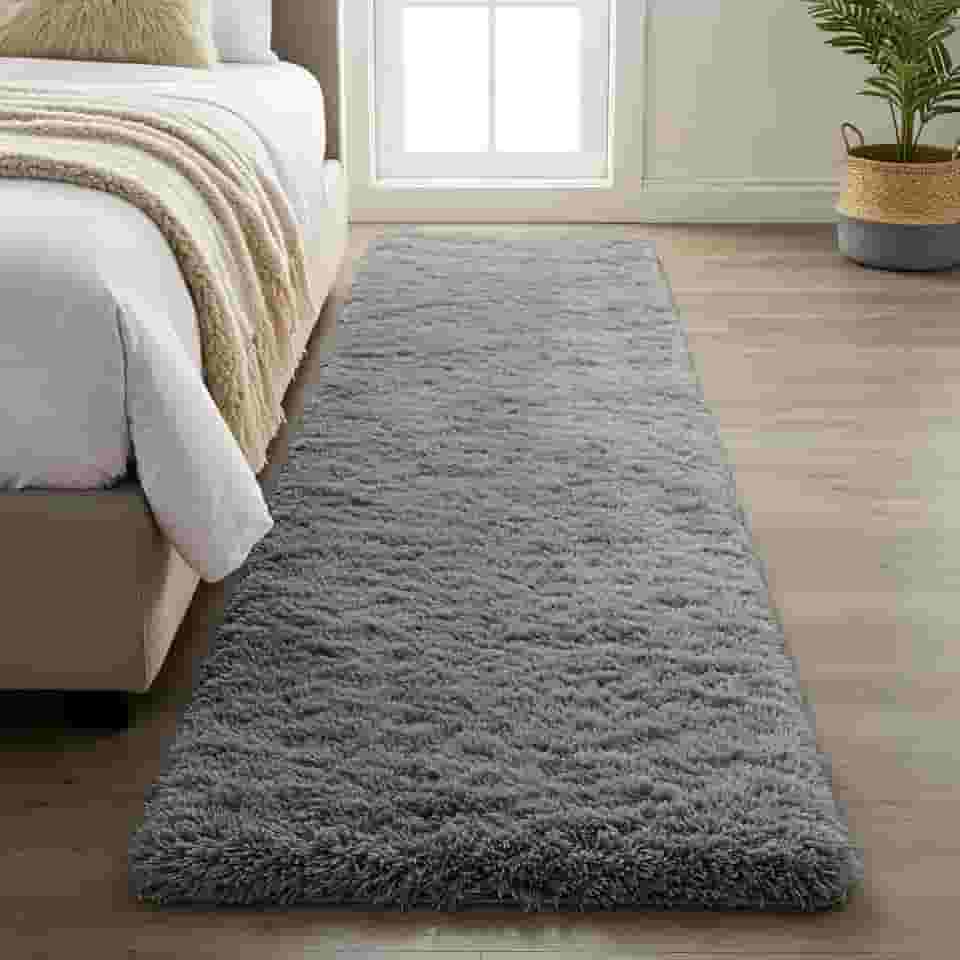 Tapete Passadeira Peludo 2,00 × 0,60 m – Shaggy Super Peludo Felpudo, Antiderrapante, Antialérgico, 100 % Poliéster, Alta Maciez para Quarto, Sala, Corredor (Cinza)