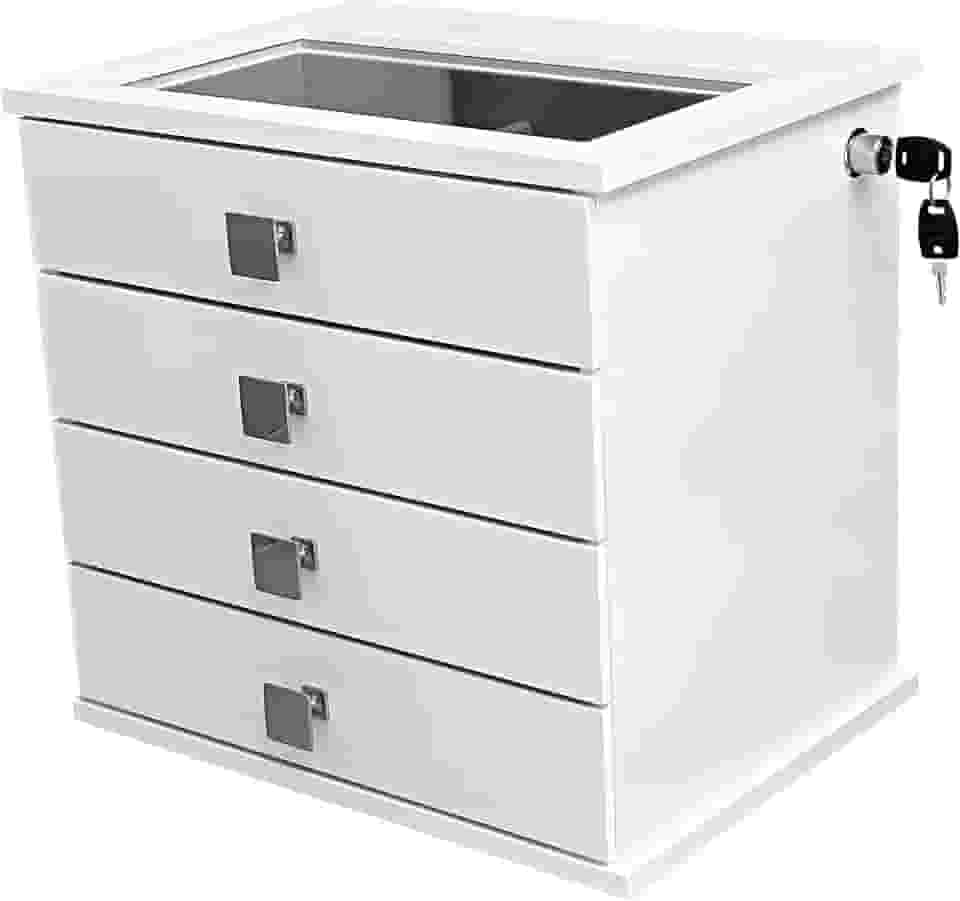 Reluz Art Gaveteiro Porta Joias Belle Forrado com 4 Gavetas, Visor e Tranca Lateral com Chave (Joias, Branco/Cinza)