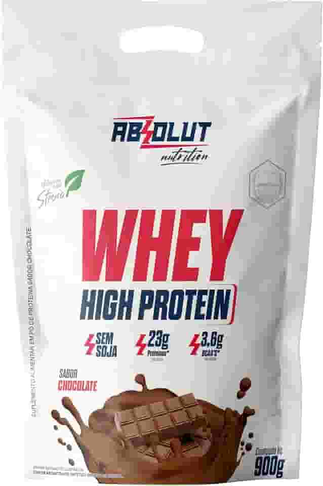 Absolut Nutrition, Whey high protein, 23 gramas de proteína, adoçado com stevia, Sabor chocolate, Pouch, 900 gramas