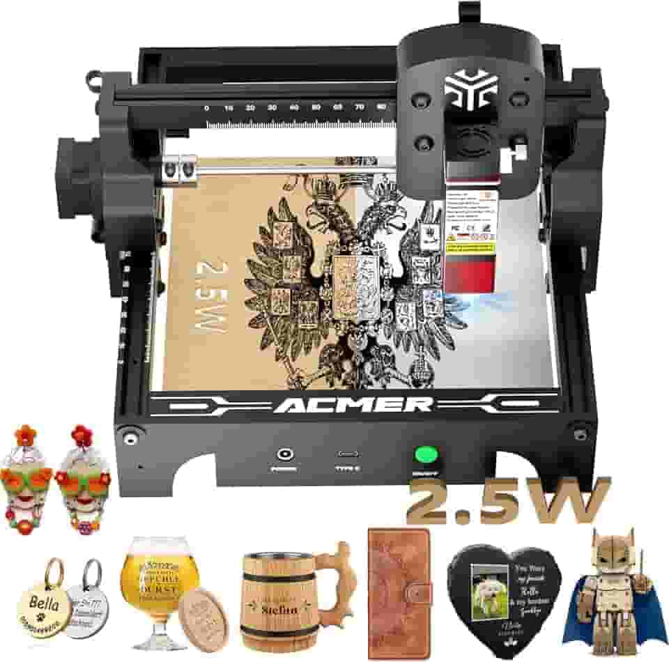 Acmer Máquina de gravação a laser, cortador e gravação a laser de alta precisão de 2500 mW, área de trabalho de 130 x 130 mm para madeira e metal, gravador a laser DIY