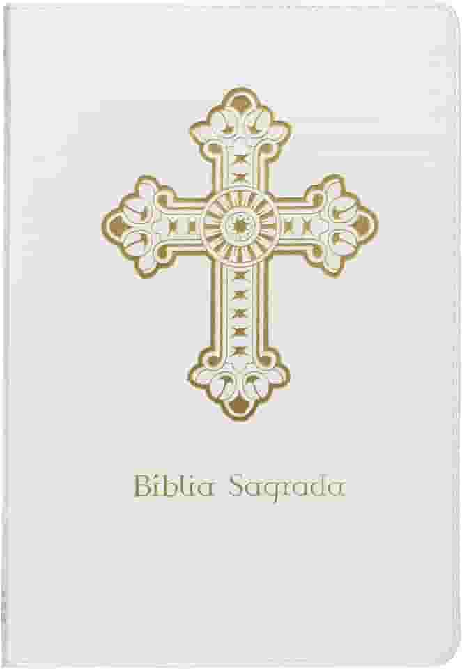Bíblia Sagrada Católica, Letra Grande, Cruz, Couro-soft branca, Leitura Perfeita