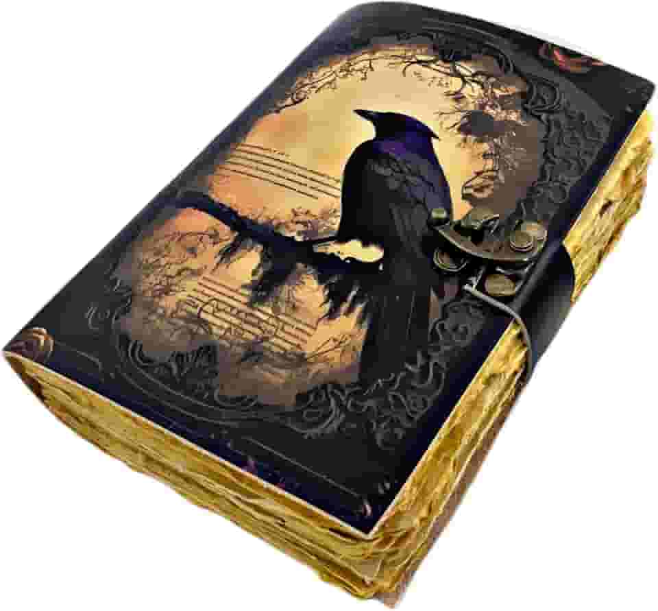 The Raven Leather Journal – Livro de feitiços em branco do grimório das sombras – Caderno e caderno de esboços de couro vintage feito à mão – 200 páginas sem forro – Diário de lixo gótico – presentes