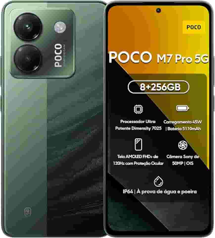 Xiaomi Smartphone POCO M7 Pro 5G 256GB | 8GB/12GB RAM | Processador Ultra Potente Dimensity 7025 | Tela AMOLED FHD+ 120Hz com Proteção Ocular | Bateria 5110mAh com 45W Turbo Charge (Verde, 8+256GB)