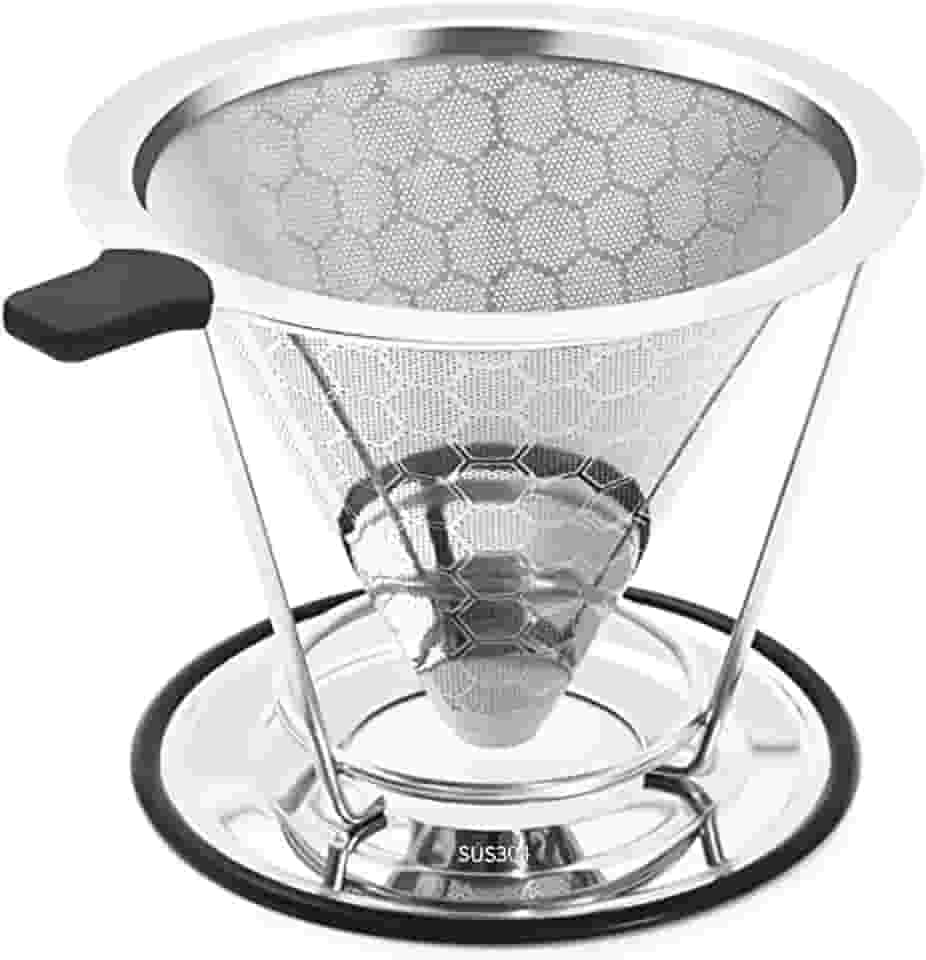 Coador de Cafe 304 Inox, Filtro de Café Reutilizável Peneira de Aço Sem Papel com Suporte