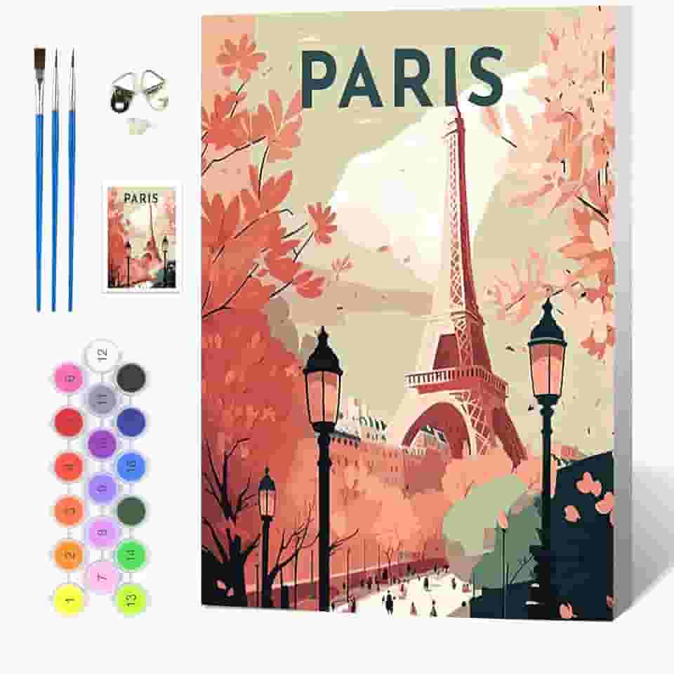 Auremi Kits de pintura por números Paris com moldura, pintura de torre DIY por tela numérica para adultos, acrílico fácil em tela com pincéis para decoração 20 x 30 cm