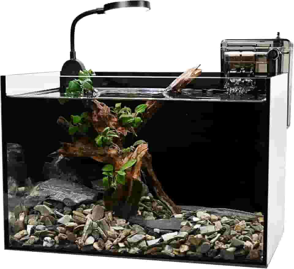 Kit de aquário Nano Nature, aquário de mesa de vidro transparente com filtro de cachoeira e luz para iniciantes e crianças manterem peixes Betta, peixes dourados, camarões e plantas aquáticas (preto