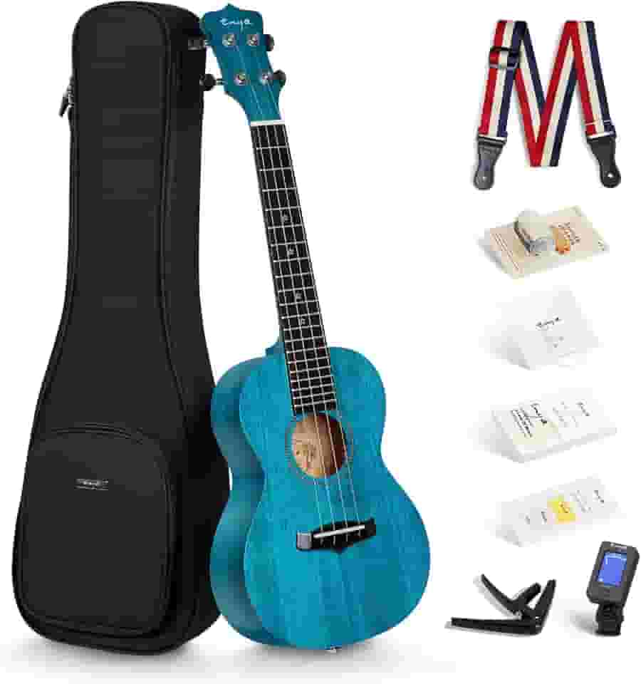 Enya Ukulele de concerto 58 cm azul sólido mogno superior com kit inicial de ukulele inclui aulas online, estojo, alça, cordas, capo, agitador de areia, palheta, pano de polimento (EUC-25D BU)