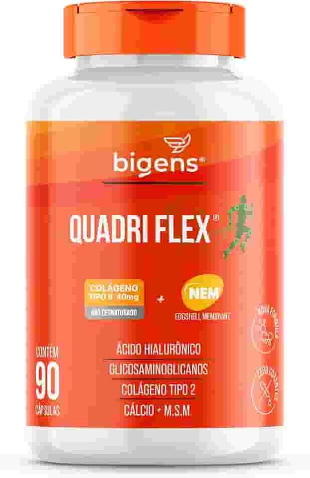 Quadri Flex, Colágeno tipo 2, NEM® (GlucosaCondroitin), Hialurônico, M.S.M, Cálcio, 90 Caps, Bigens