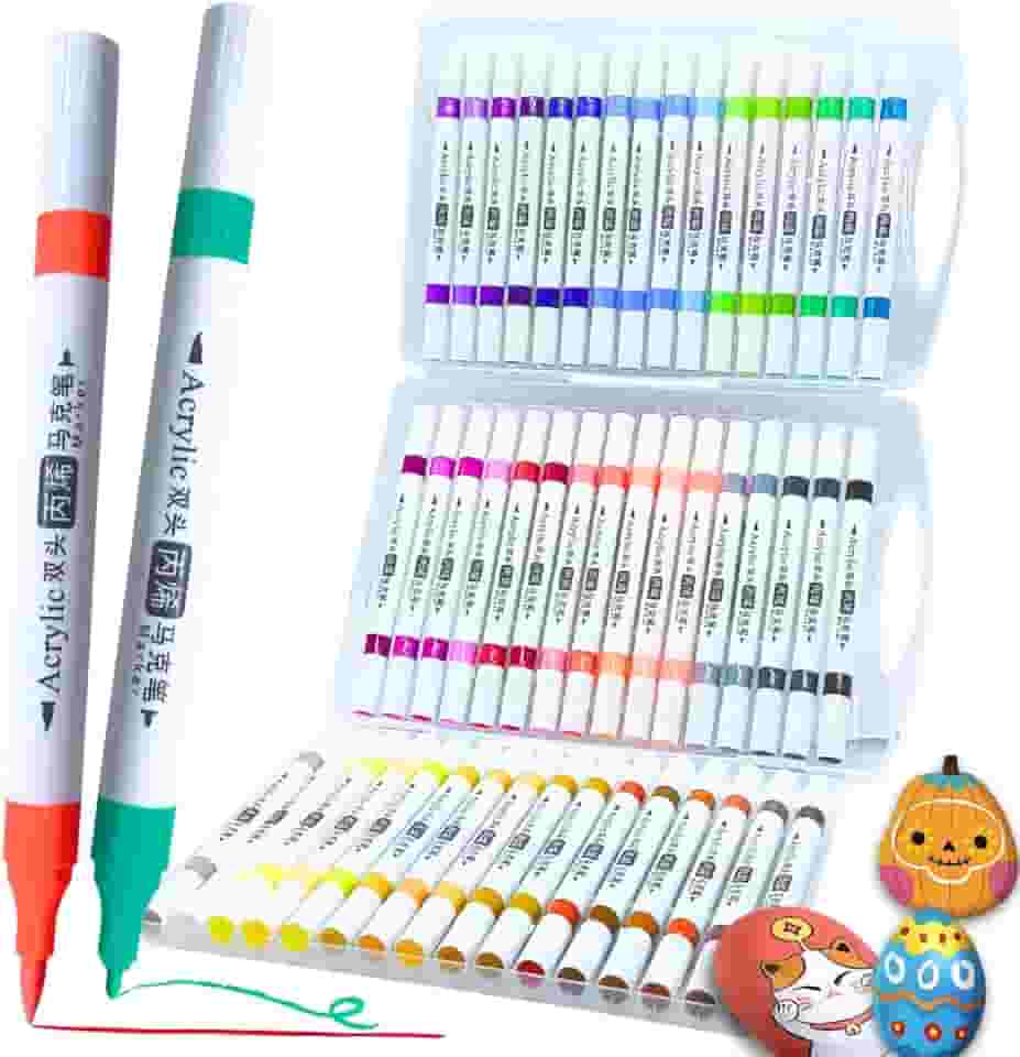 Marcadores de Tinta Premium, Conjunto de Marcadores Acrílicos Ponta Dupla, Ponta Média e Cinzel para Pintura de Tecidos, Pedras, Madeira, Tela, Cerâmica, Vidro, para Crianças e Adultos (48 cores USA)