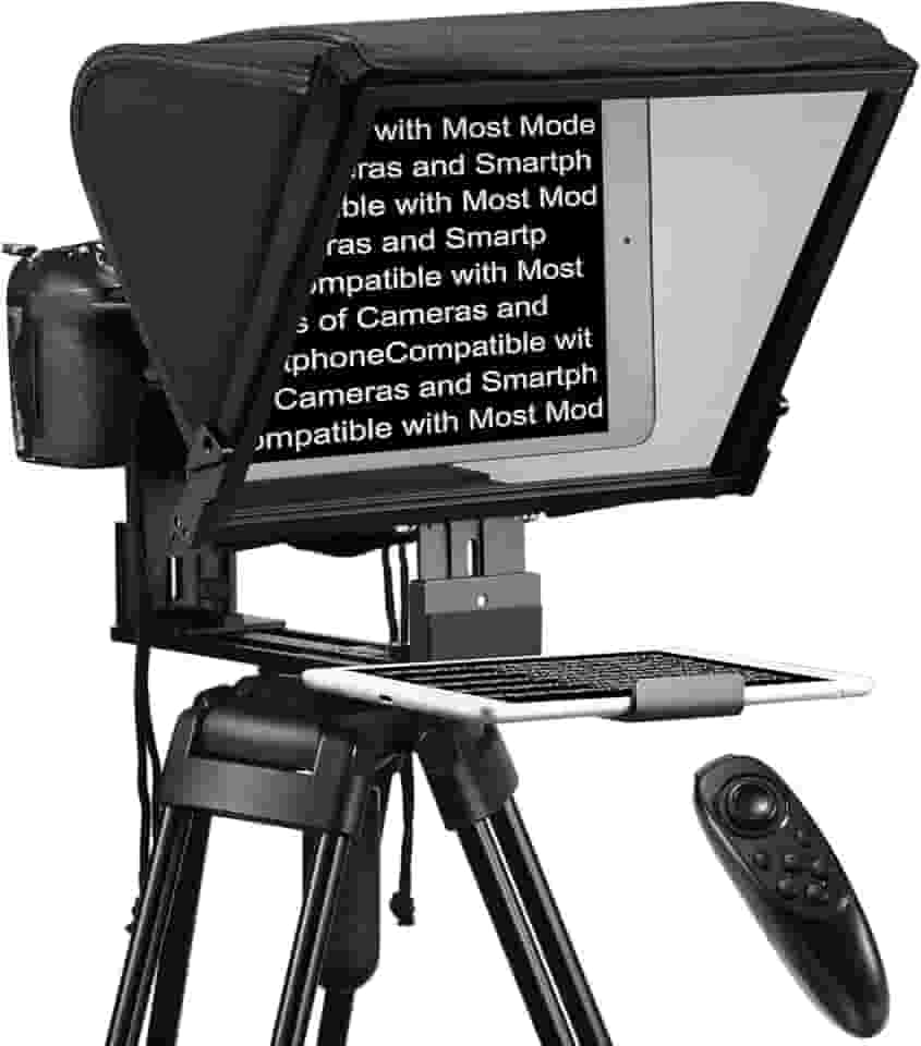 Teleprompter TX12P com controle remoto de aplicativo, teleprompter de metal de 14 polegadas, compatível com iPad, smartphone, câmera DSLR, dobrável com estojo de transporte, fácil de montar