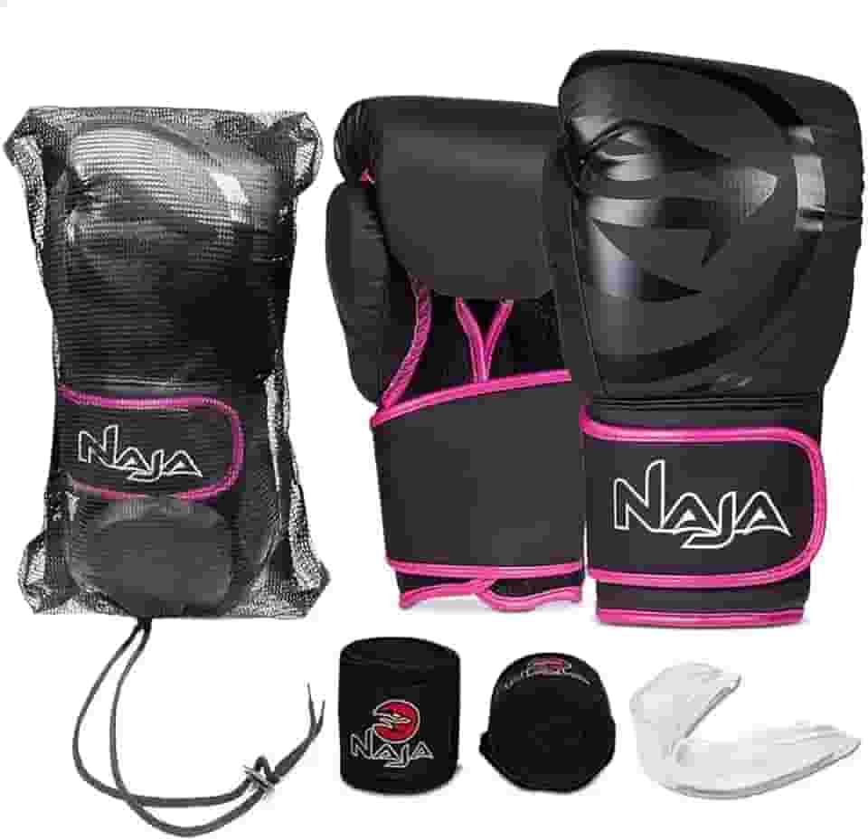Luva de Boxe e Muay Thai Naja Black Line - 1 Par de luva + 1 Par de Bandagem Elástica + 1 Protetor Bucal