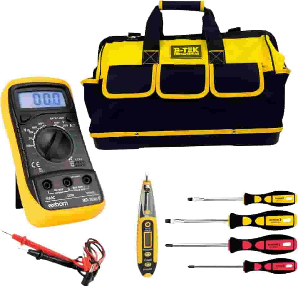 kit eletricista profissional com Bolsa Reforçada + Caneta Detectora + Kit Chave Philips e Fenda + Multímetro Digital