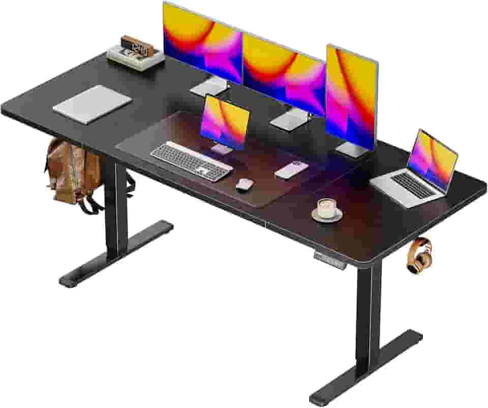 Huuger Mesa elétrica grande de 150 x 71 cm, mesa de computador com altura ajustável, mesa de 70 cm de profundidade, mesa de escritório para jogos de pé com 2 ganchos, 3 alturas predefinidas, para