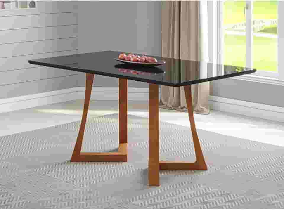 Mesa 6 Lugares Madeira Maciça com Vidro Canto Arredondado 160x90cm Jantar Anna Ambar/Preto