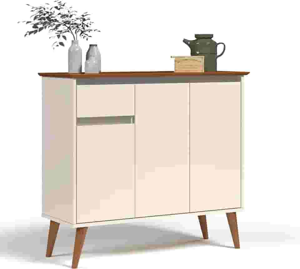 Aparador Balcão Armário Bancada Cozinha Cantinho do Café Buffet Sala de Jantar Bar e Estar com 3 Portas e 1 Gaveta Retrô Veneza (Offwhite/Freijó)