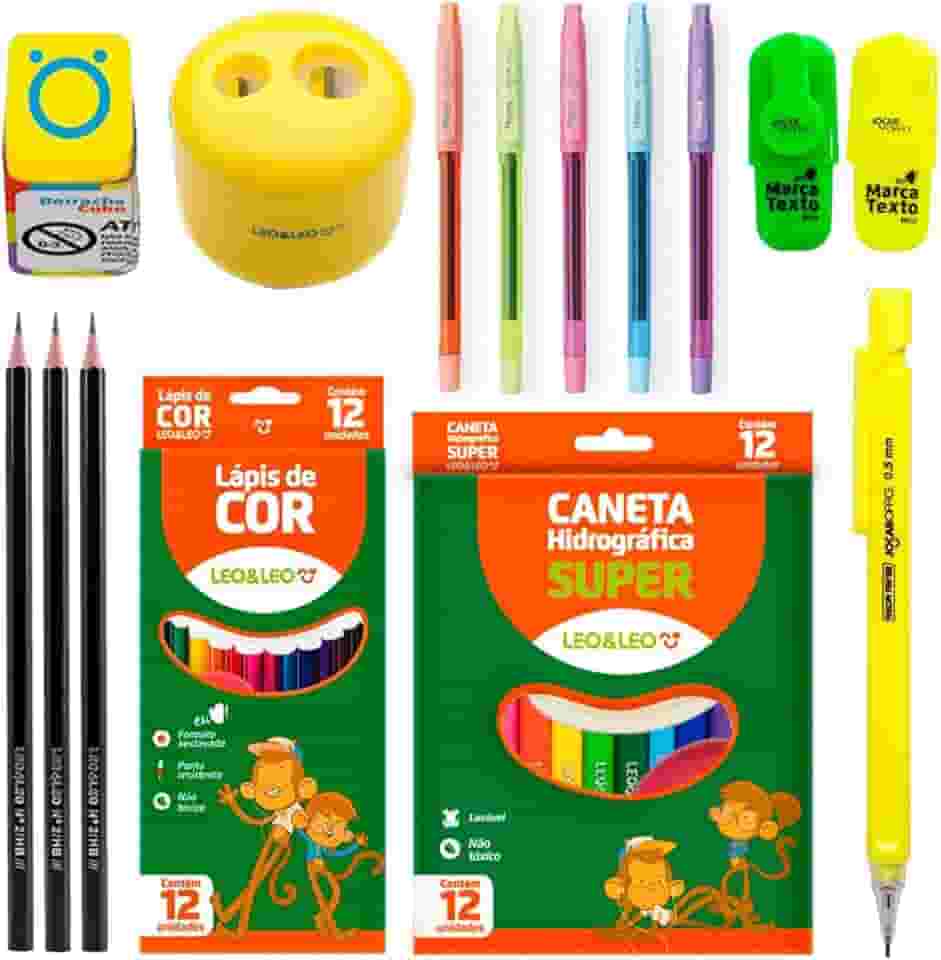 Kit Material Escolar Infantil Canetinha Lápis de Cor Apagável Marca Texto Apontador Borracha - Leo e Leo (Amarelo)