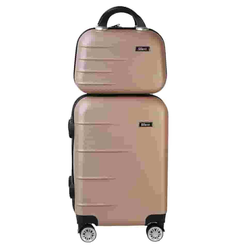 Kit Mala de Bordo Silent Ipanema + Frasqueira - Padrão ANAC | Rígida em ABS | 4 Rodas Duplas 360° | Cadeado Numérico Integrado | Leve e Resistente (Champagne)