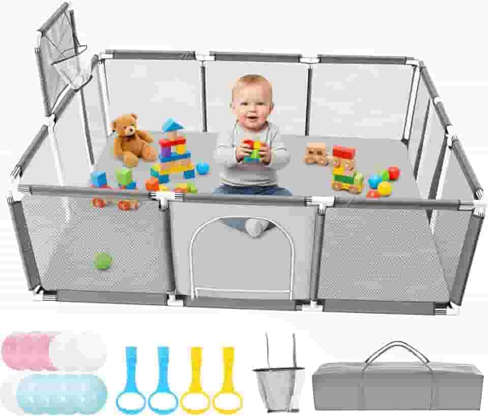 Cercadinho para Bebe 150×180 cm, Adequada para Crianças e Bebês, Uso Interno e Externo, Painéis com Tela Respirável e Antiqueda, Acompanha Bolinhas de Piscina, Alças de Apoio e Bolsa de Armazenamento