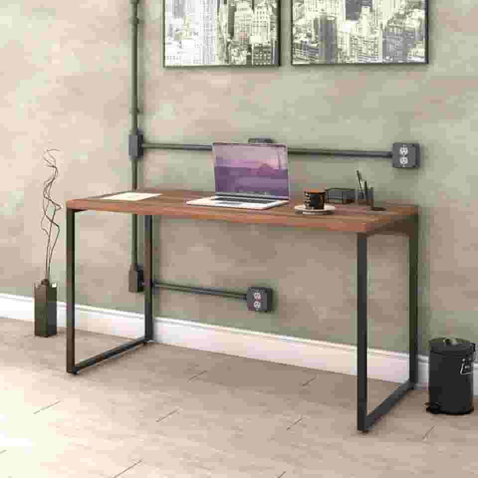 Mesa para Escritório Office Estilo Industrial 1,35m, Compace, Kuadra, Nogal / Est.Preta