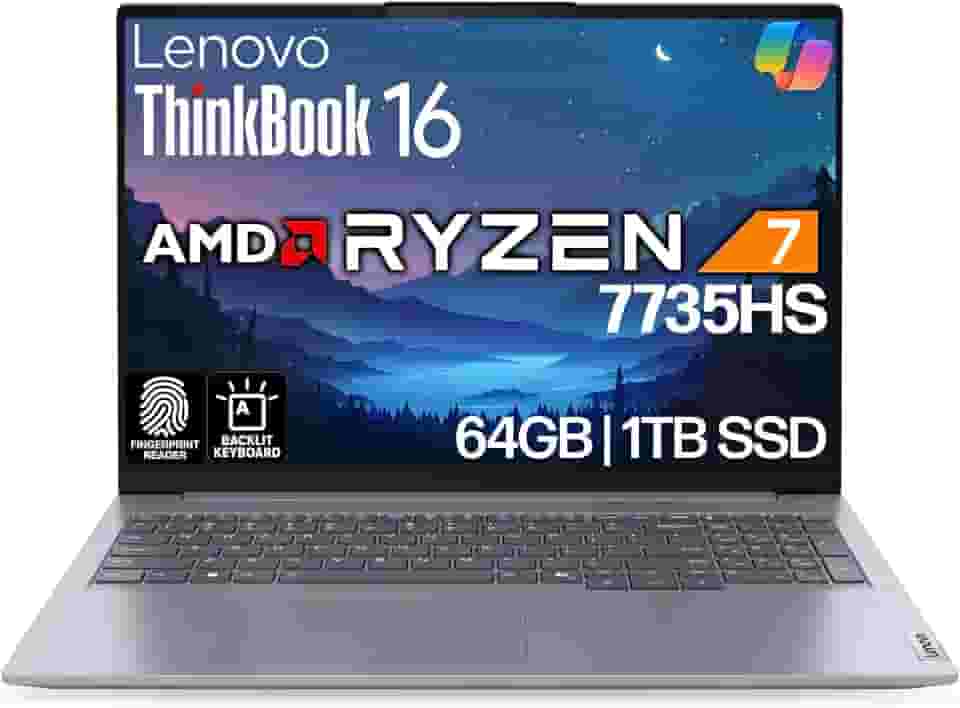 Lenovo ThinkBook 16 G7 Business Laptop, 40.6 cm FHD+, AMD Ryzen 7 7735HS, 64GB DDR5, 1TB NVMe, WiFi 6E + BT, Backlit KB, leitor de impressão digital, webcam HD, Win 11 Pro