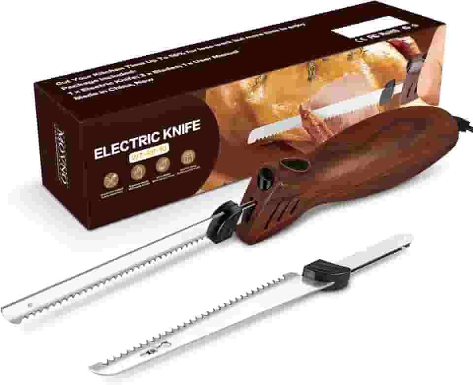 MOVNO Faca elétrica para fatiar carne, esculpir peru, pão, aves, filé, espuma de artesanato e muito mais, 2 lâminas de aço inoxidável serrilhadas alternativas, cabo ergonômico, cabo de 152 cm