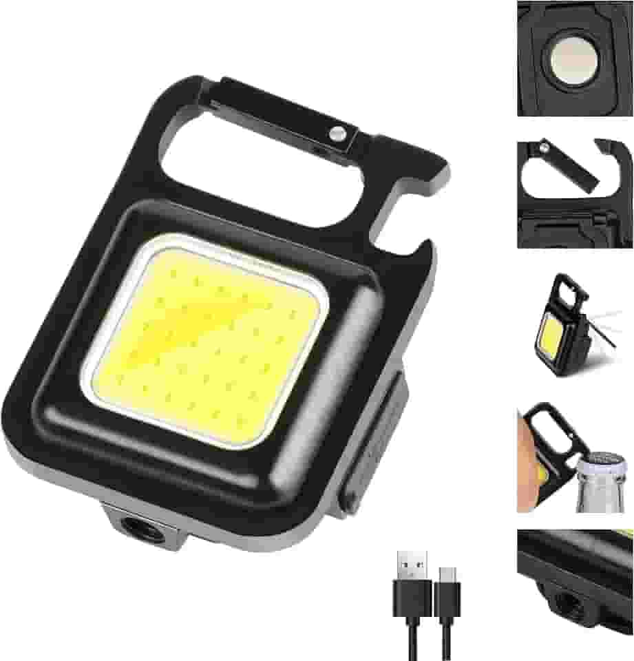 Lanternas pequenas COB, chaveiro recarregável brilhante de 800 lúmens Mini lanterna 3 modos de luz Luz de bolso portátil com suporte dobrável abridor de garrafas e base magnética