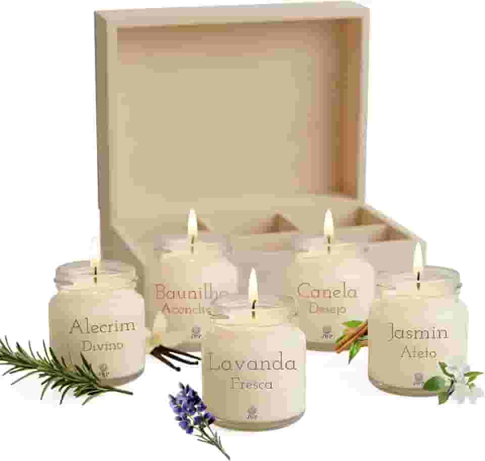 Kit 5 Velas Aromáticas Perfumadas | 50g cada - Alecrim, Baunilha, Lavanda, Jasmim, Canela - Fragrância Extendida - Cera de Coco e Soja