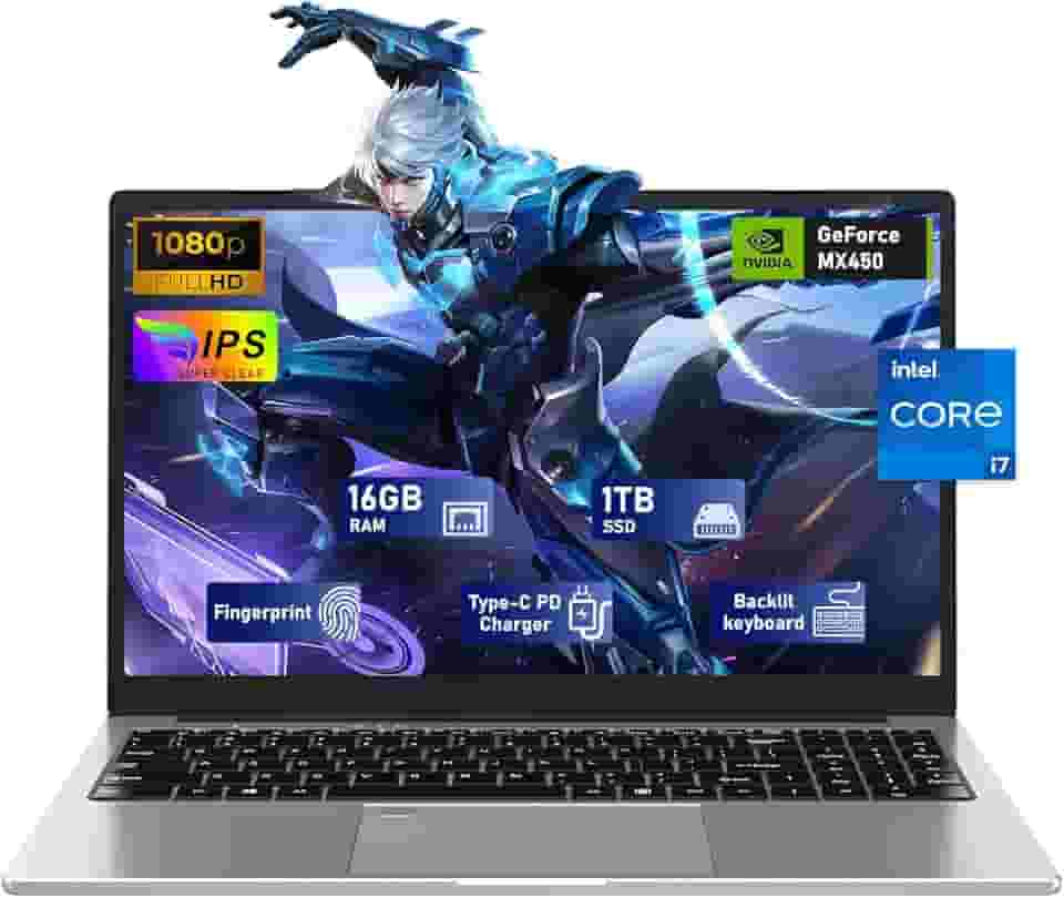 Laptop para jogos, laptop de 15,6 polegadas, processador i7-1195G7 4C/8T (até 5 GHz), gráficos MX450, 16 GB de RAM, SSD de 1 TB, tela FHD 1920 x 1080 de 15,6 polegadas, WiFi 5, BT4.2, teclado