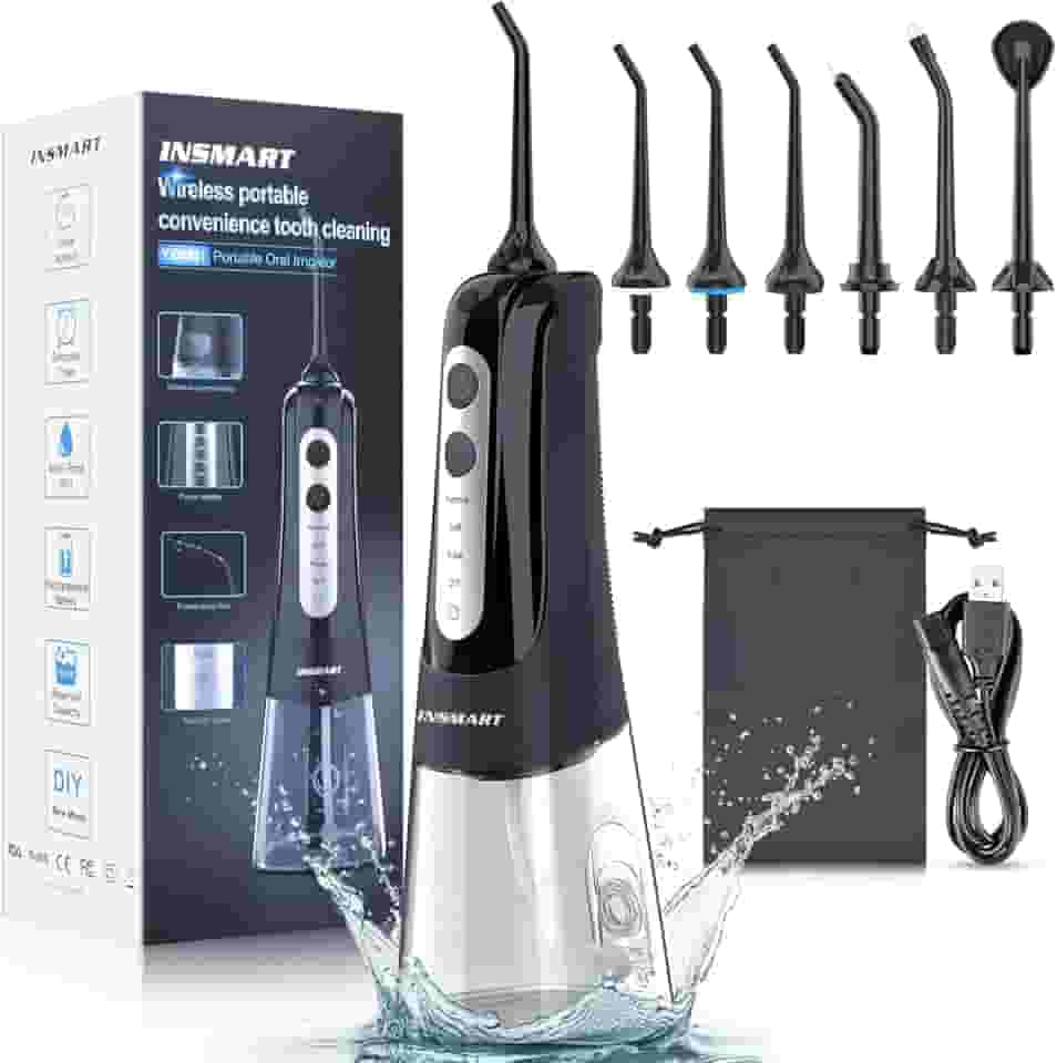 Irrigador dental sem fio para água dental, tanque de 300 ml INSMART profissional DIY modo USB recarregável Irrigador bucal para casa e viagem, IPX7 à prova d'água 4 modos de irrigação para higiene bu