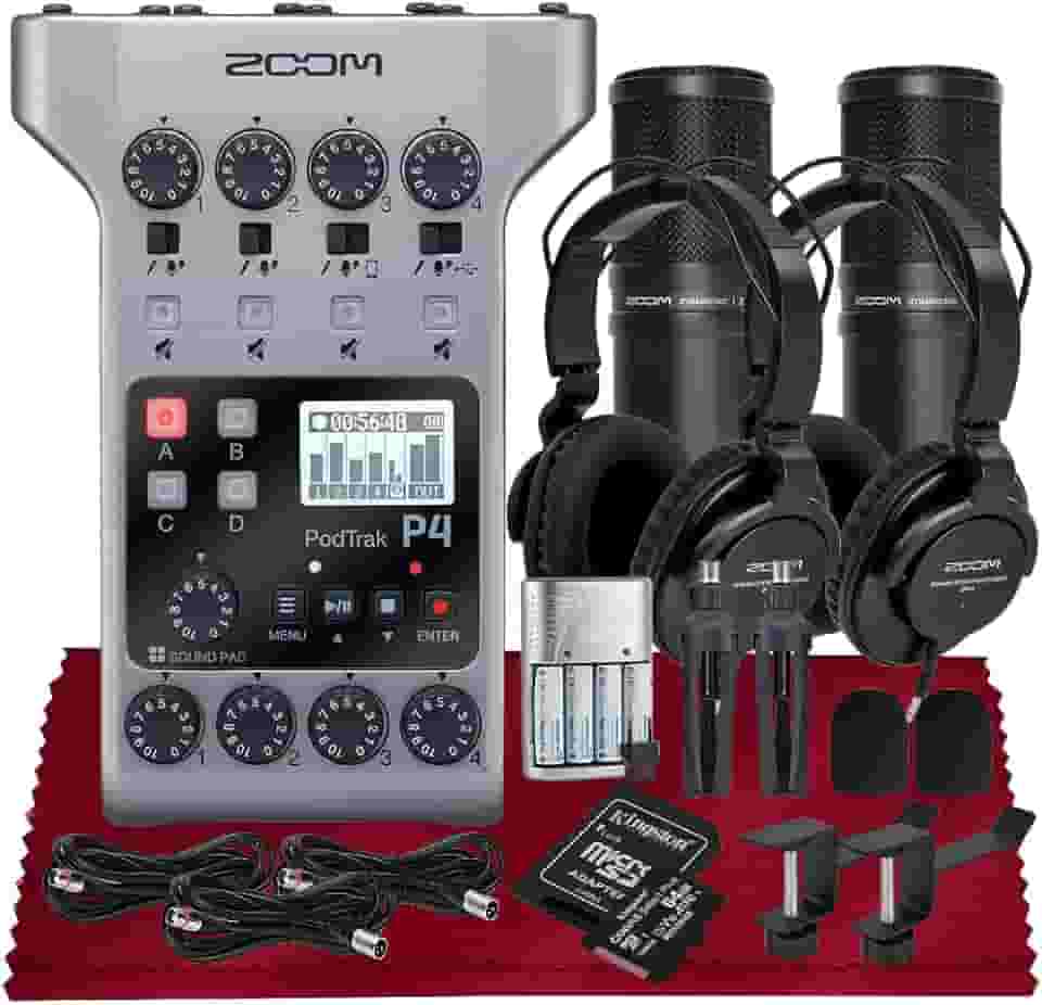 SonicSound Technologies Gravador De Podcast Portátil Multipista Podtrak P4, Interface Áudio Com 4 Entradas Microfone, Saídas Fone Ouvido Pacote 2X Dm1-Pmp, Suporte, Baterias Recarregáveis E Muito Ma