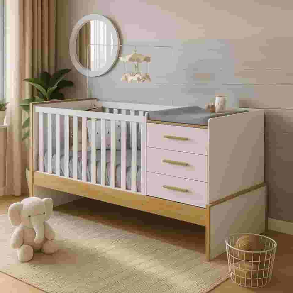 Berço Cama Cômoda Trocador MDF Multifuncional 5 em 1 Baú Organizador Vira Cama Solteiro (Branco com Amêndoa)