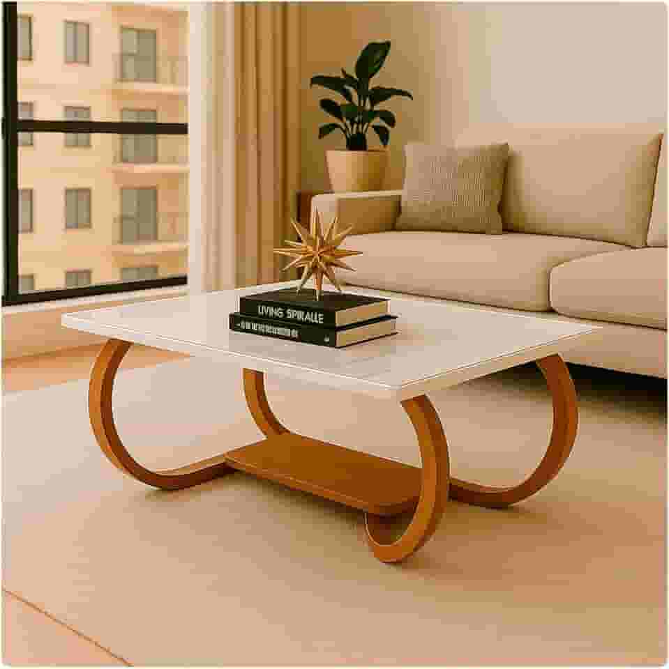 Mesa De Centro Tampo De Vidro Laqueado Base Madeira - Gaia (Branca)