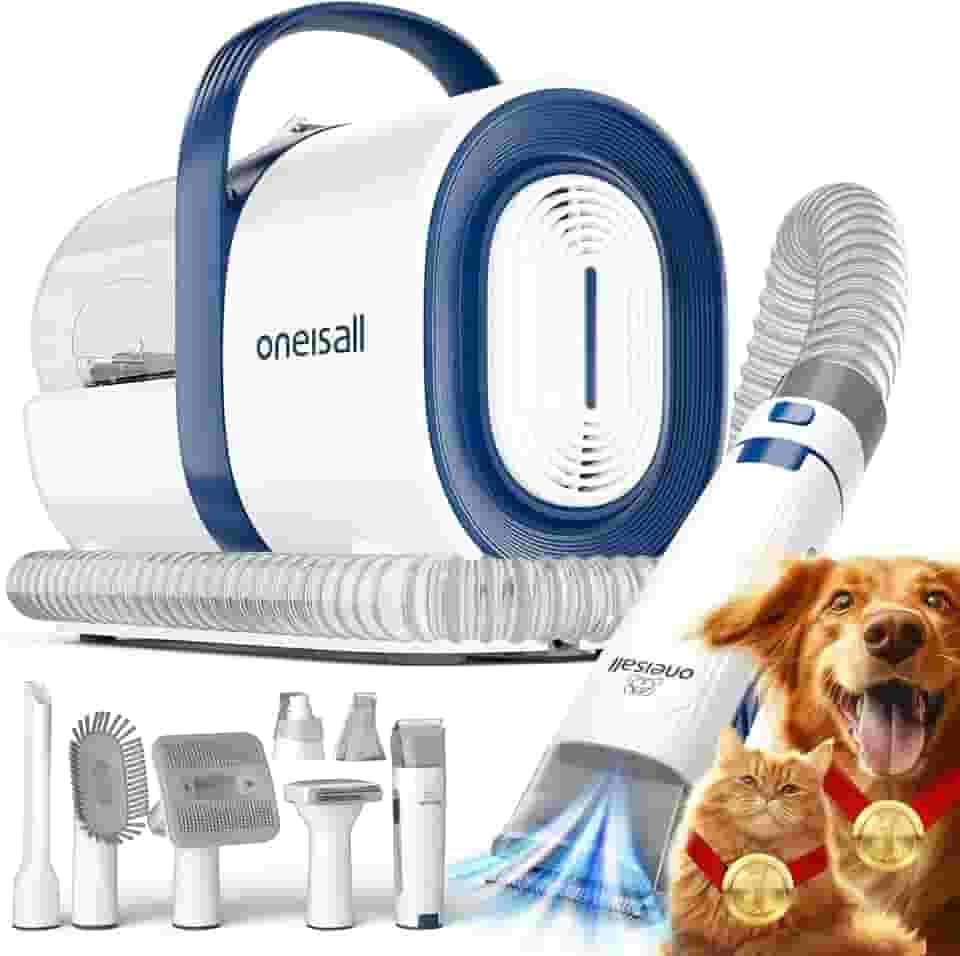 oneisall Aspirador para banho e tosa de cães, aspirador de cuidados para animais de estimação com cortador e lixador de unhas, copo de pó de 1,5 L, escova a vácuo com 7 ferramentas para banho e tosa
