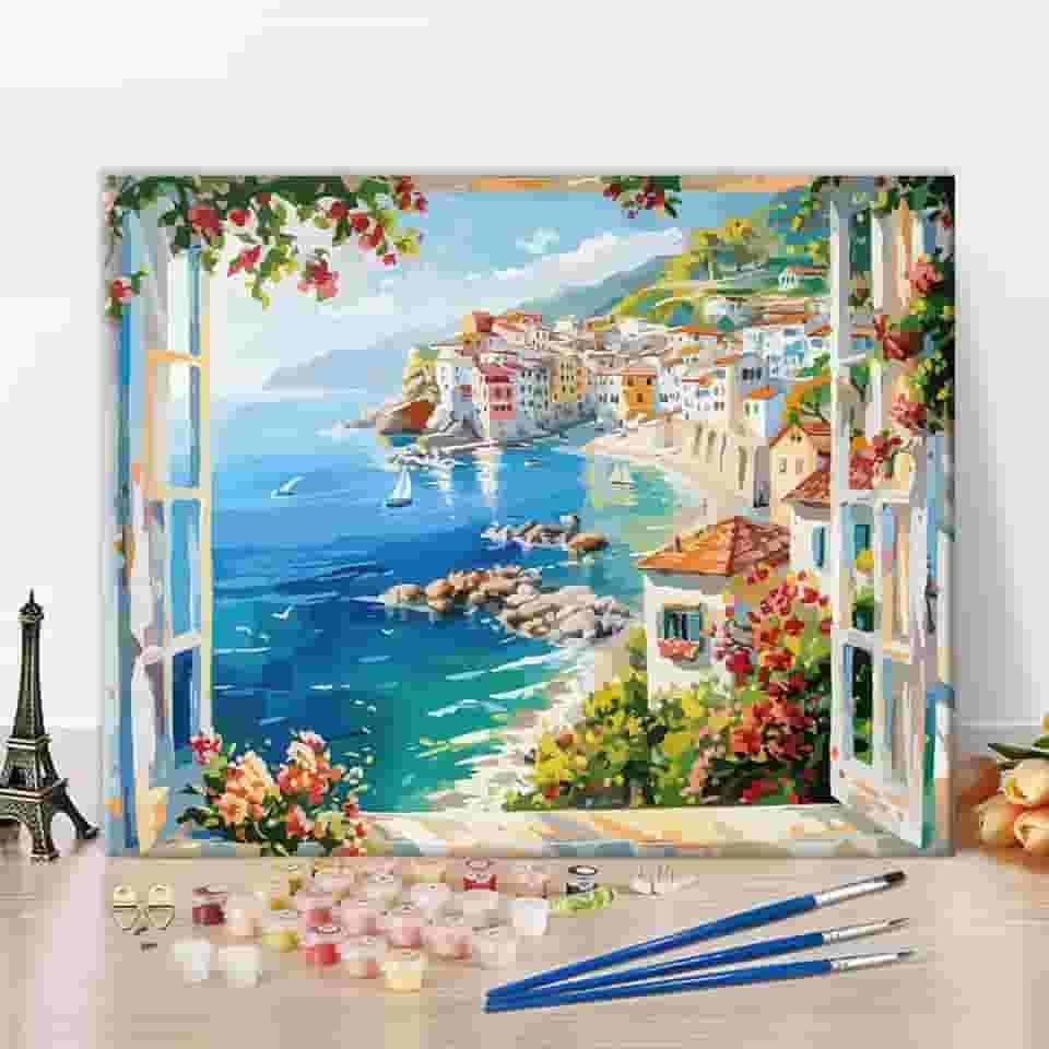 TUMOVO Kit de pintura por números para adultos, vista de janela serena à beira-mar, pintura artística de paisagem oceânica por números, pintura em tela faça você mesmo para iniciantes, decoração