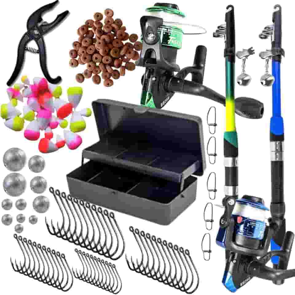 Kit de Pesca Completo com 2 Varas, 2 Molinetes, Estojo, Anzóis, Chumbos, Iscas e Alicate