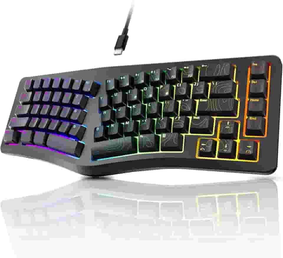 7KEYS Teclado ergonômico com fio, mini teclado dividido compacto, 69 teclas, luz de fundo 14+ RGB, cabo USB tipo C removível, digitação natural e confortável para desktop, Windows, PC, laptop, Mac