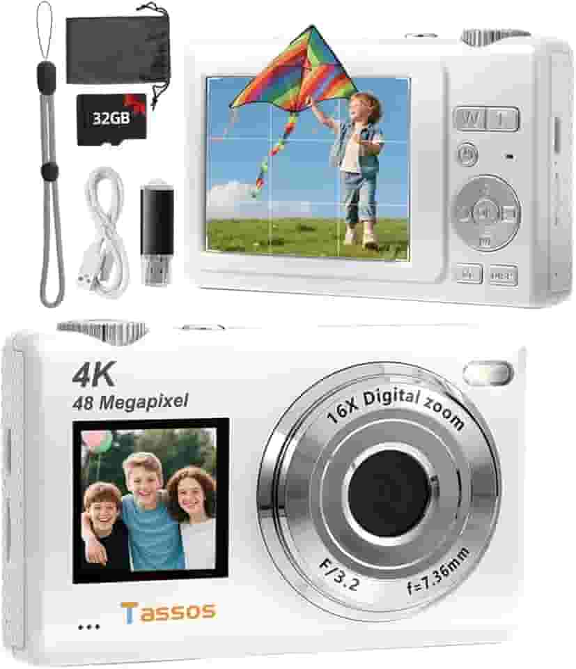 Câmera digital, câmera para vlogs, câmera fotográfica 48MP 4K - Câmera digital compacta com tela dupla, cartão de 32 GB, zoom digital de 16x e estabilizador de imagem para e iniciantes. (branco)