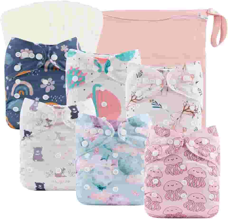 babygoal Fraldas de pano reutilizáveis, pacote com 6 + 6 peças de rayon de inserções de bambu + bolsa úmida, tamanho único, capas de fraldas laváveis ajustáveis para bebês meninas e meninos 6FG38