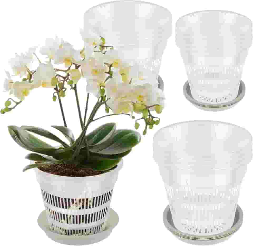 Pacote com 15 vasos de orquídeas transparentes com furos e pires, vasos de orquídeas de 10 cm, 14 e 16 cm, vaso de plástico respirável para replantar plantas de interior, suculentas, decorativo