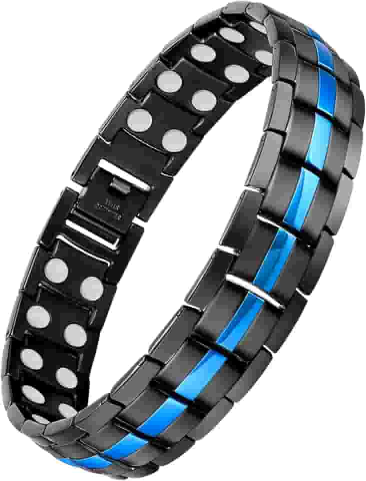 Pulseira magnética masculina de aço de titânio com ímãs de fileira dupla ajustáveis (linha preta e azul)